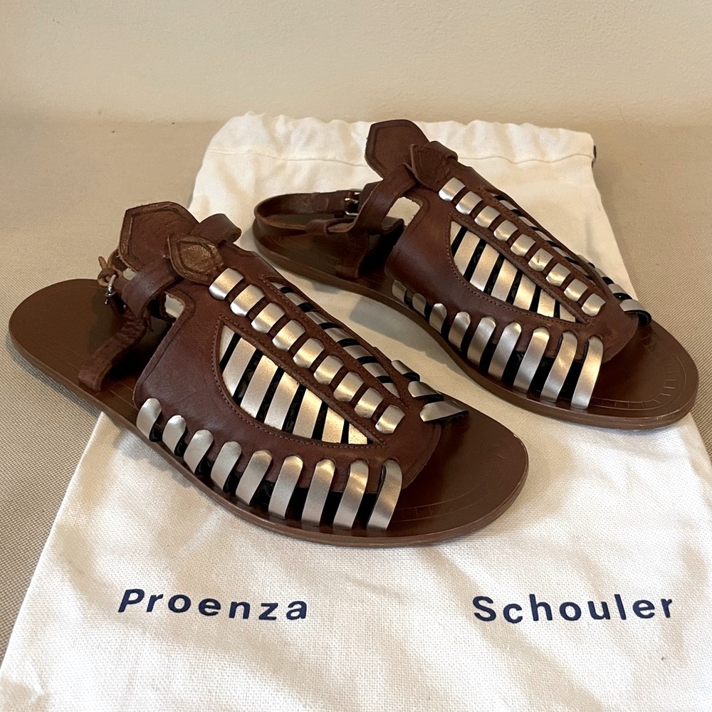 Proenza Schouler brown silver sandals gladiator style size 39 1/2 fits US 9